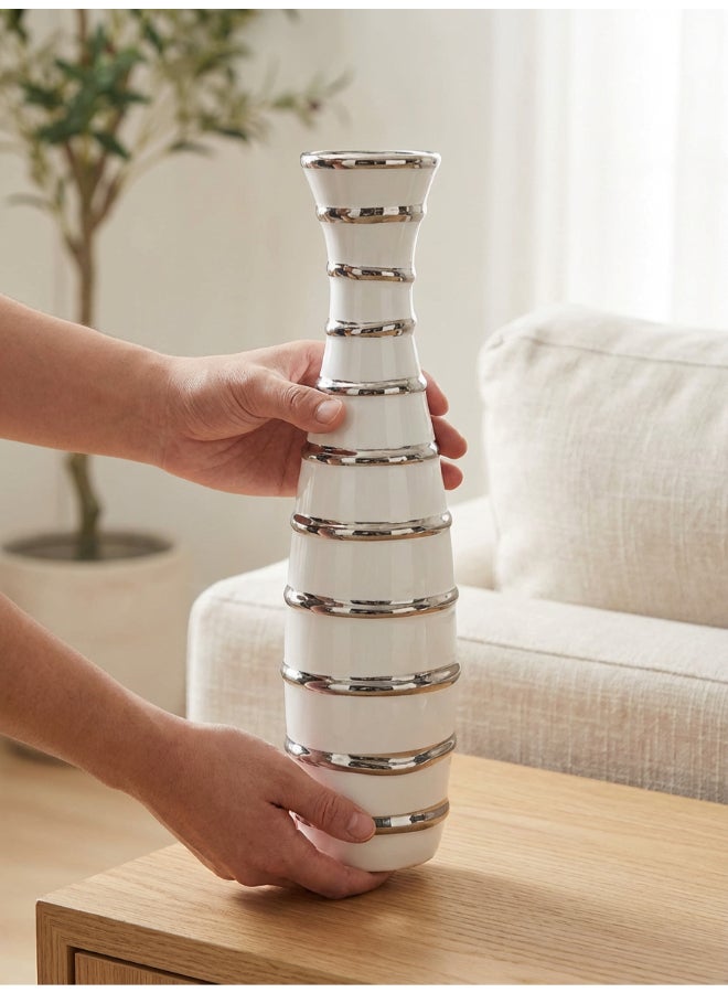 ايست من نون Ceramic Vase for Floral Decorative arrangement, Ht-44 cm |  Silver White Color | Ribbed Rays Design | Size -10.5x10.5x44 cm | Perfect for decorativing your living room, Ideal for decorating coffee table, dinning table, console table or any office or living space - Image 2